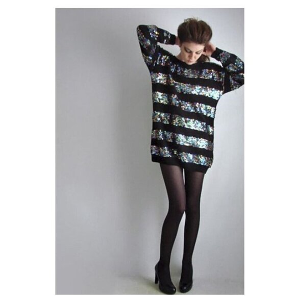 🔥Michelle Stuart Rainbow Sequins Stripe 80's Vintage Black Tunic Knit Dress - Picture 1 of 5